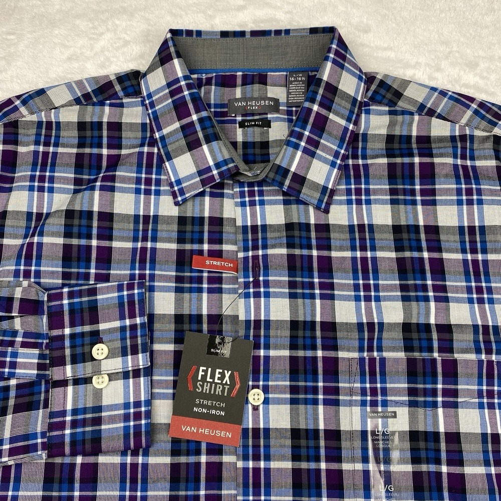 Van Heusen Dress Shirt Mens Large Purple/Blue Plaid Slim Fit Stretch NWT!